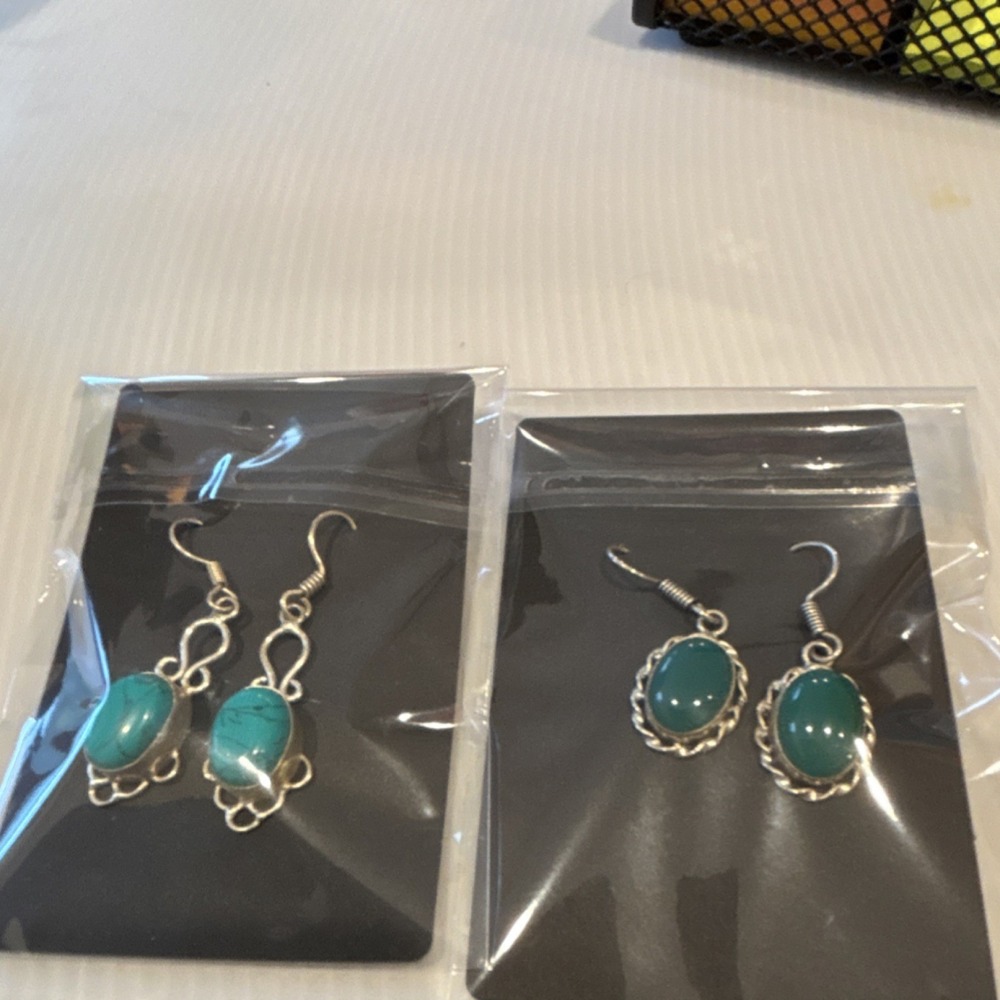 Southwestern Dangle Earrings Turquoise Oval Stone Handmade Silver Bezel Setting